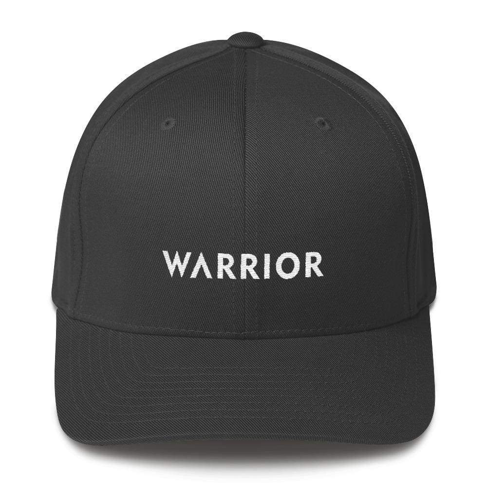Dark grey fitted twill baseball cap with WARRIOR logo on front