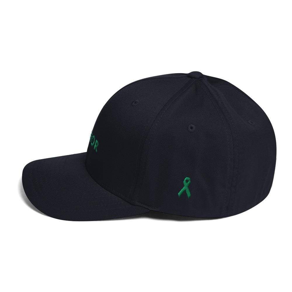 Dark navy fitted twill baseball hat with green ribbon on side