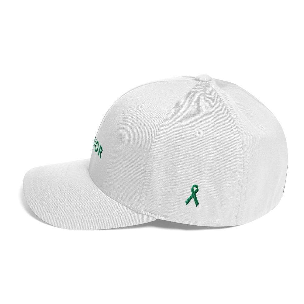 Fitted twill baseball hat, white with green ribbon emblem on side