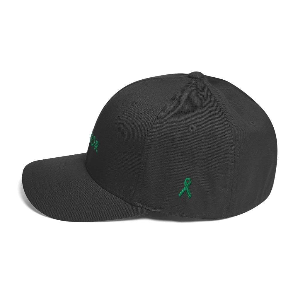 Dark grey fitted twill baseball hat with green ribbon on side