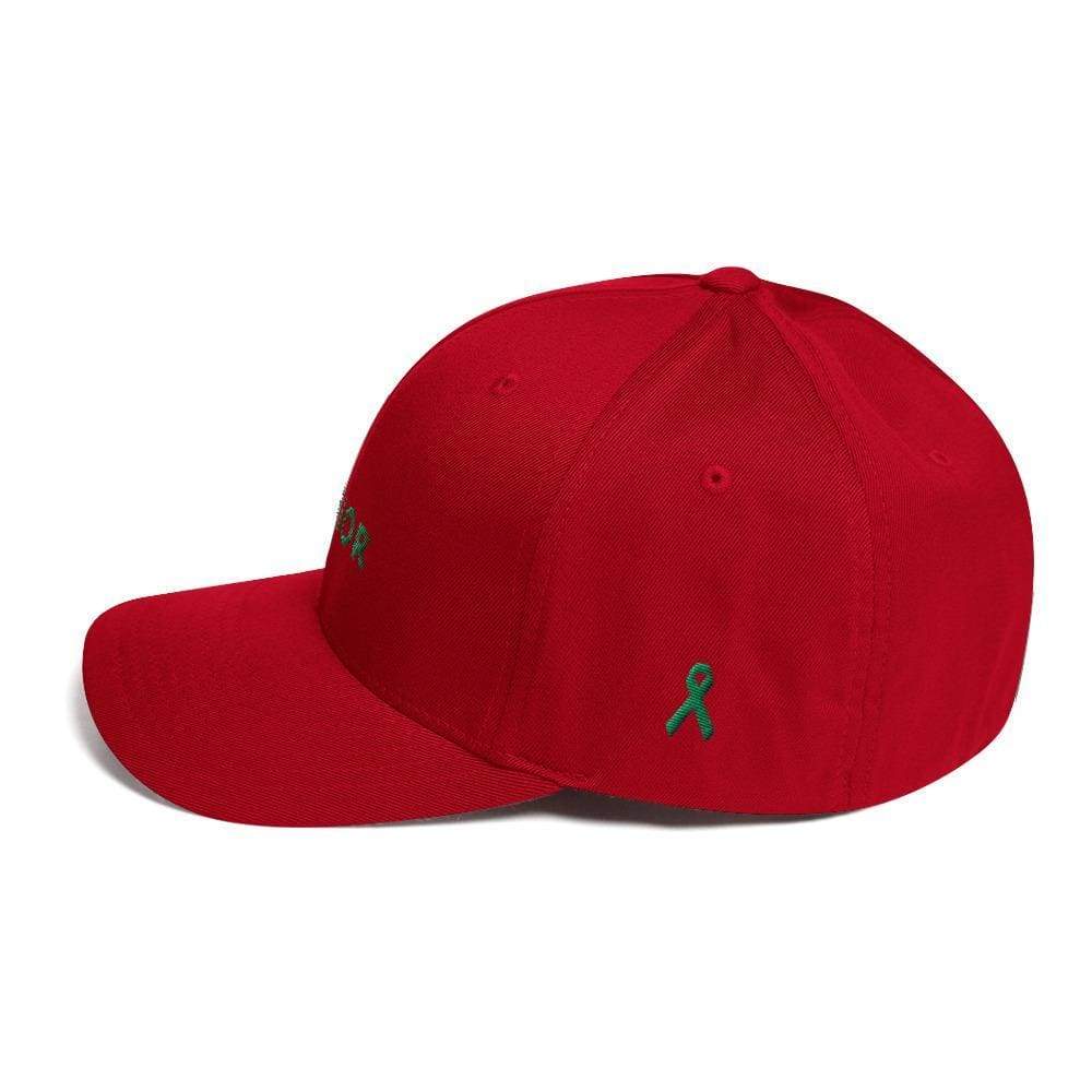 Fitted twill baseball hat, red with green ribbon emblem on side