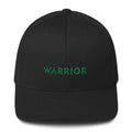 Black fitted twill baseball hat with green WARrior logo on front