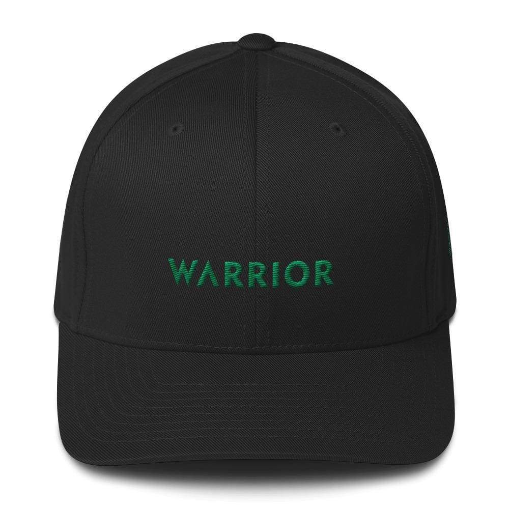 Black fitted twill baseball hat with green WARrior logo on front