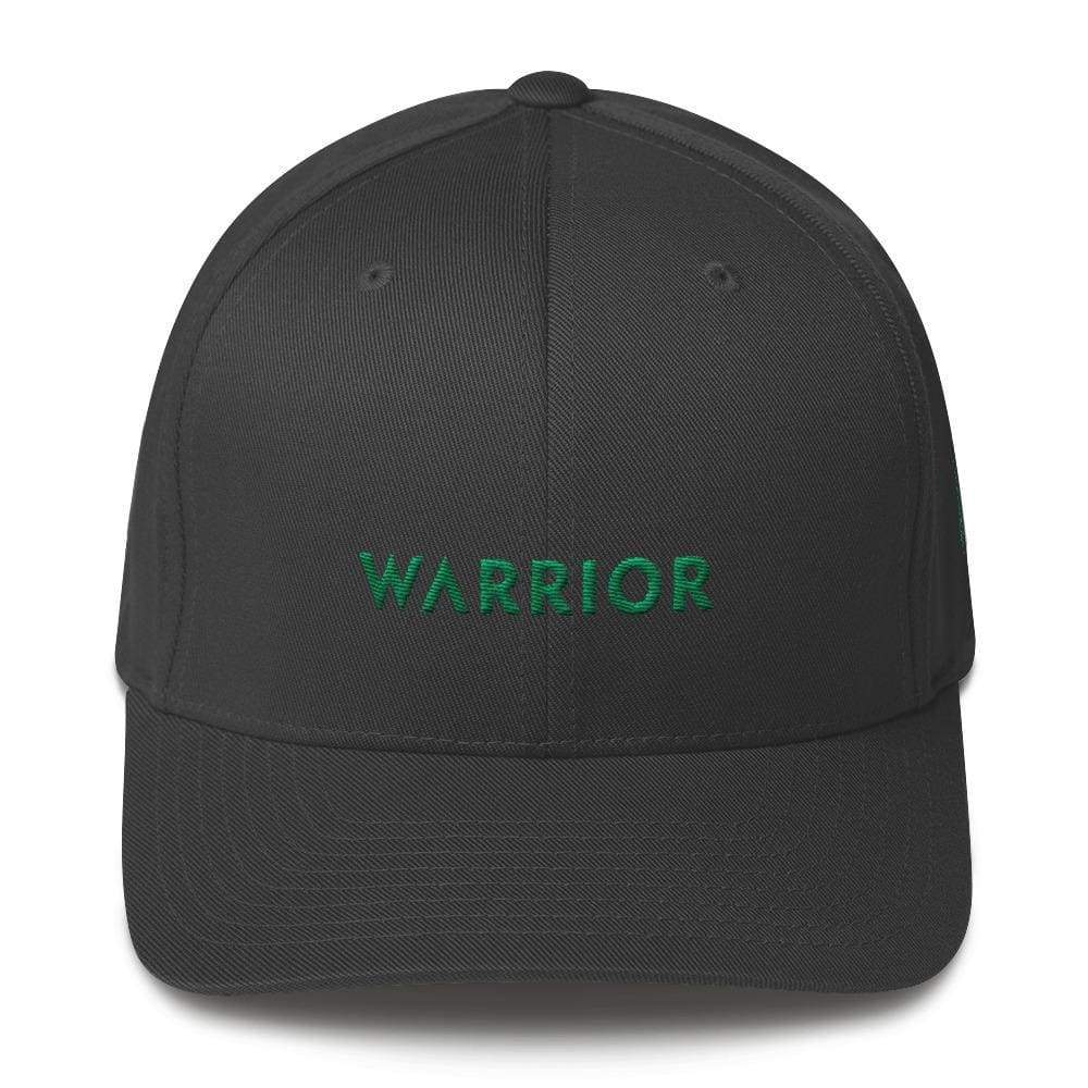 Dark grey fitted twill baseball hat with green WARrior logo on front