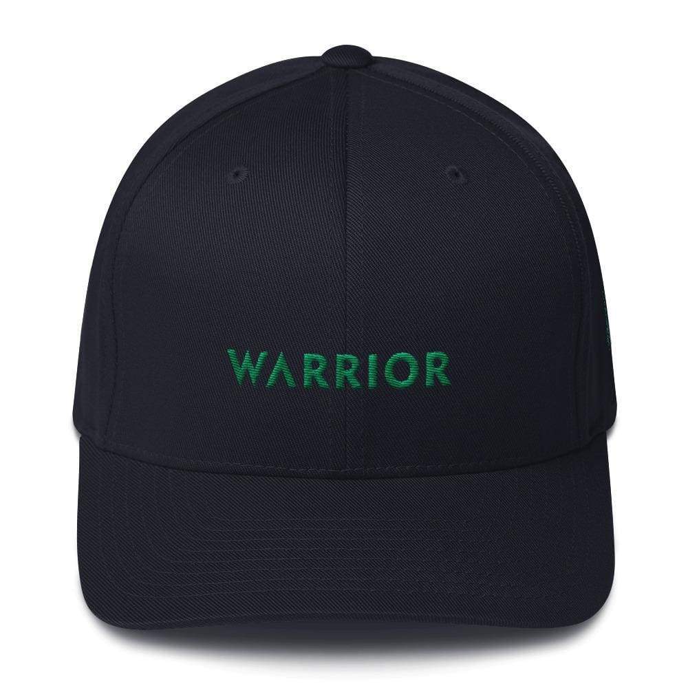 Dark navy fitted twill baseball hat with green WARrior logo on front