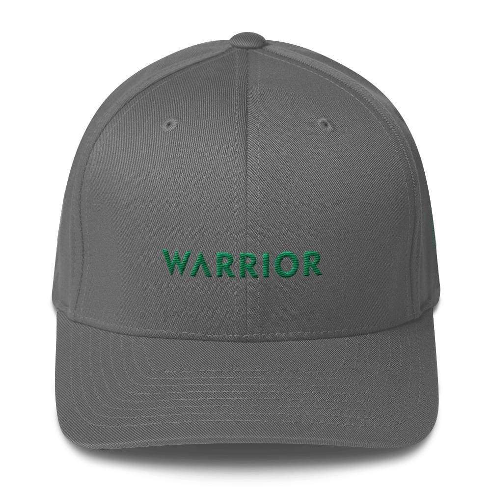 Grey fitted twill baseball hat with green WARrior logo on front