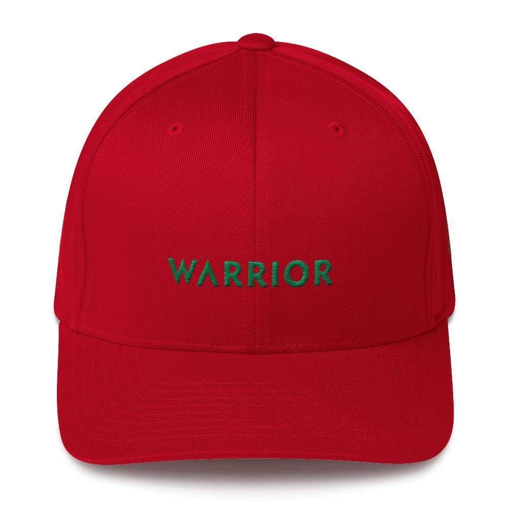 Fitted twill baseball hat, red with green WARrior logo on front