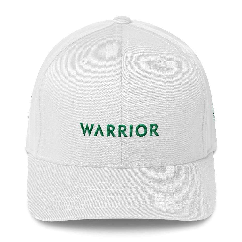 Fitted twill baseball hat, white with green WARrior logo on front