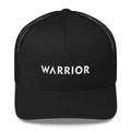 Black snapback trucker hat with black mesh sides and WARRIOR front logo