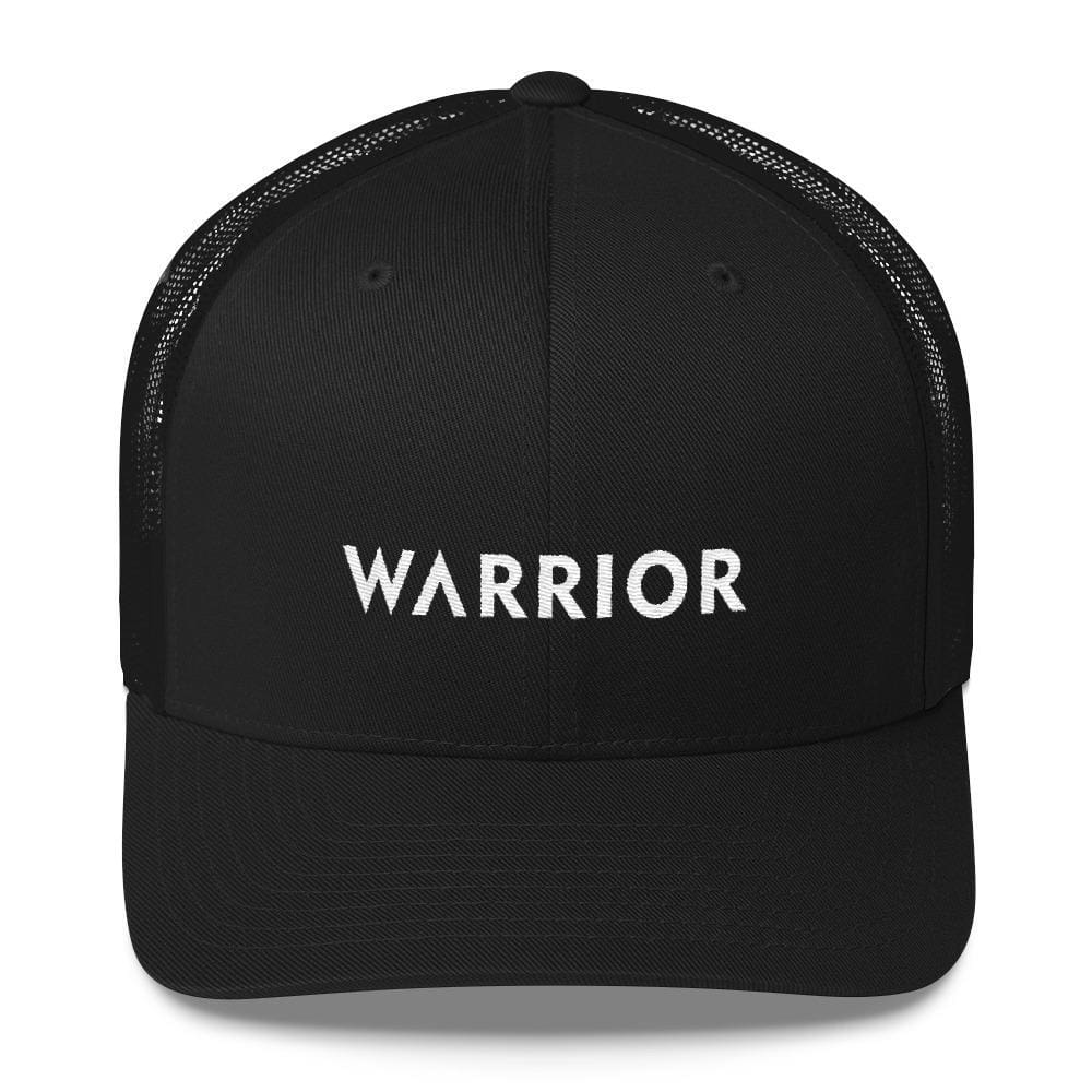 Black snapback trucker hat with black mesh sides and WARRIOR front logo