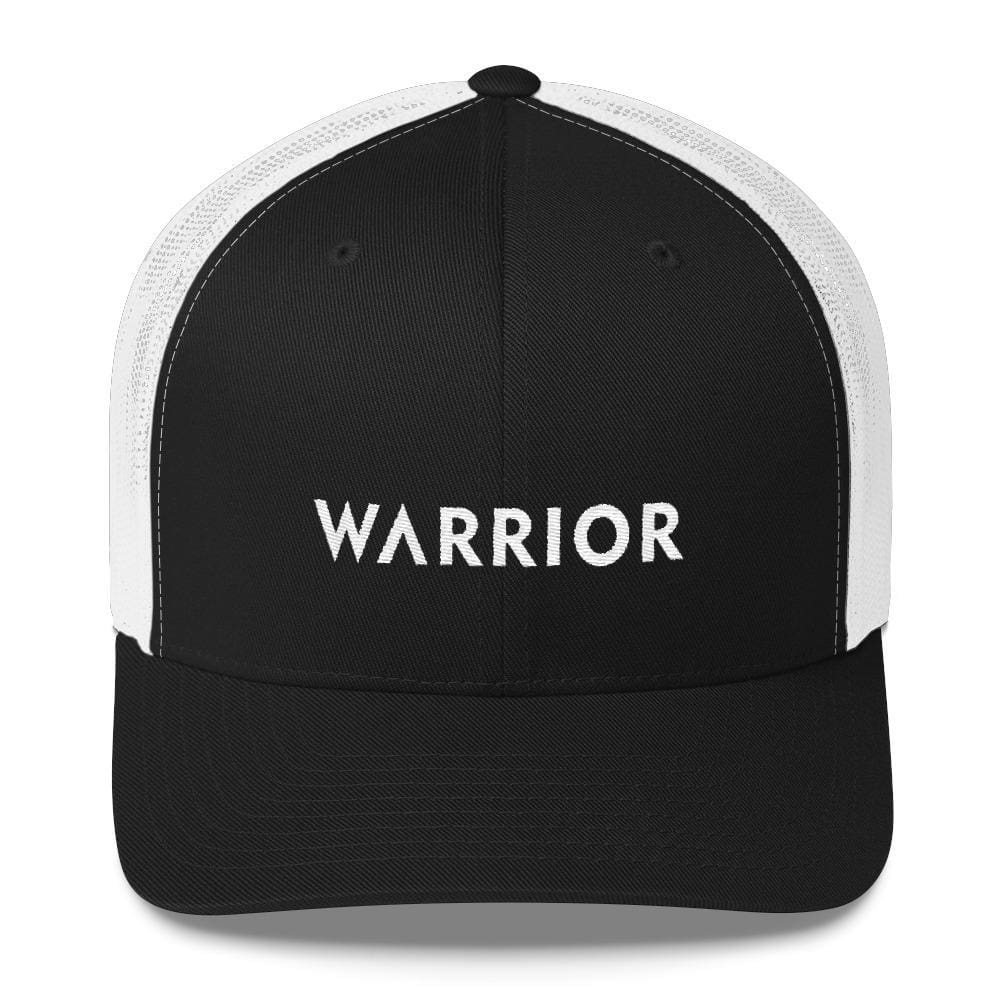 Black snapback trucker hat with white mesh sides and WARRIOR front logo
