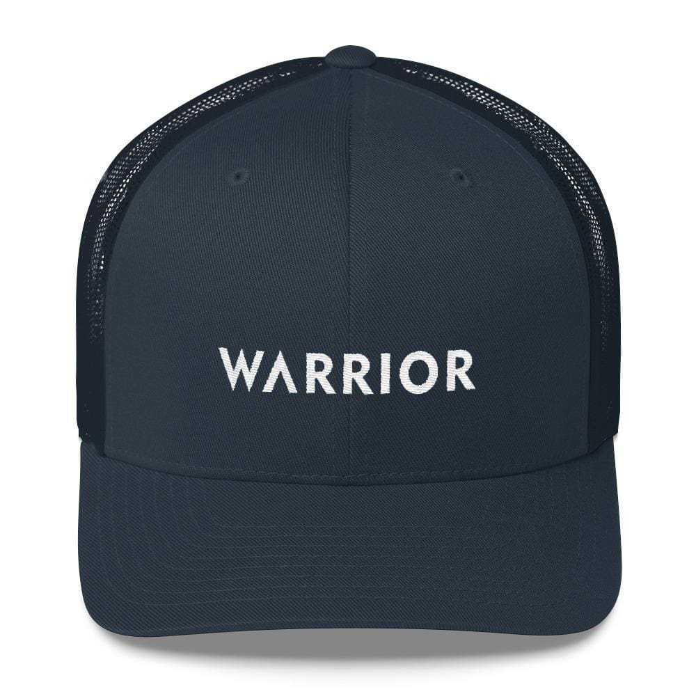 Navy snapback trucker hat with dark mesh sides and WARRIOR front logo