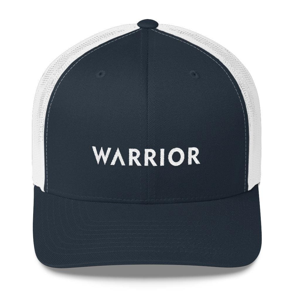 Navy snapback trucker hat with white mesh sides and WARRIOR front logo