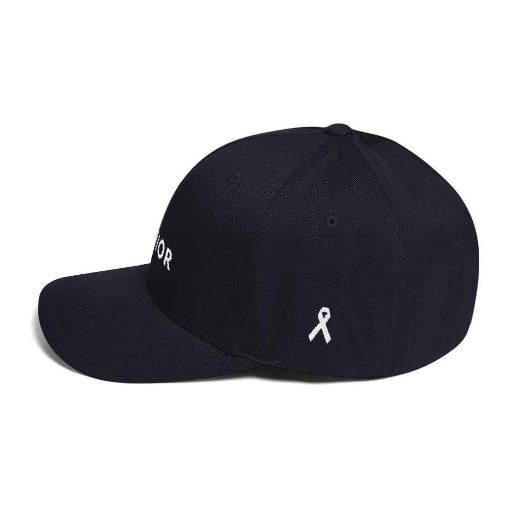 Dark navy fitted cap with small white ribbon emblem on the side panel