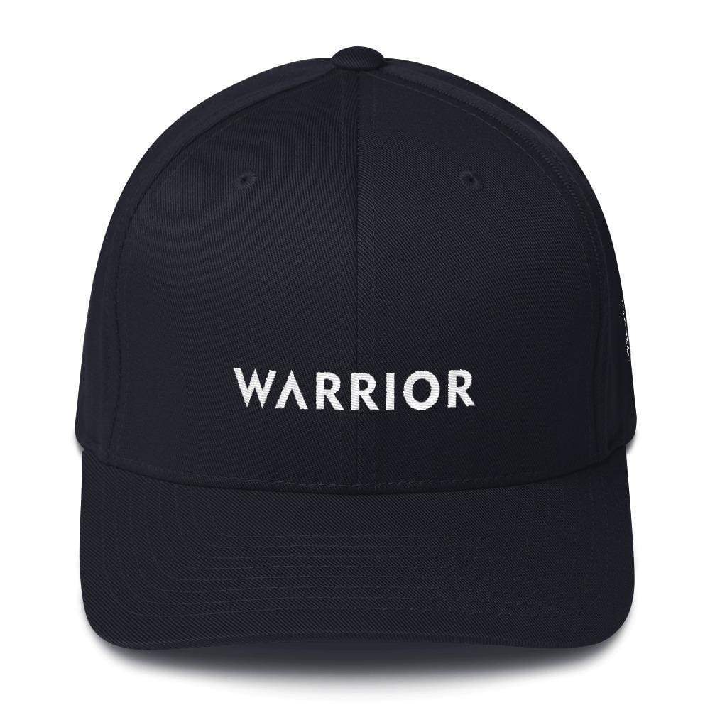 Dark navy fitted cap with embroidered "WARRIOR" logo on the front panel