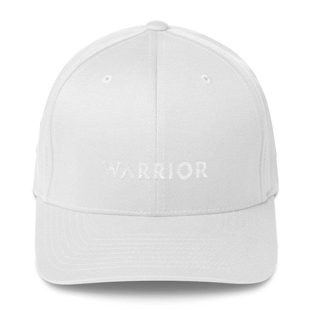 White fitted cap with centered WARRIOR logo and curved brim