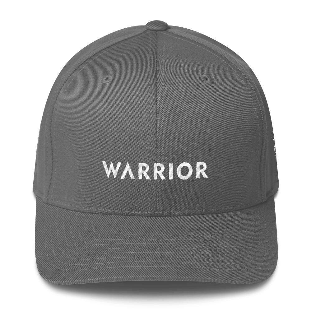 Grey fitted cap with embroidered "WARRIOR" logo on the front panel