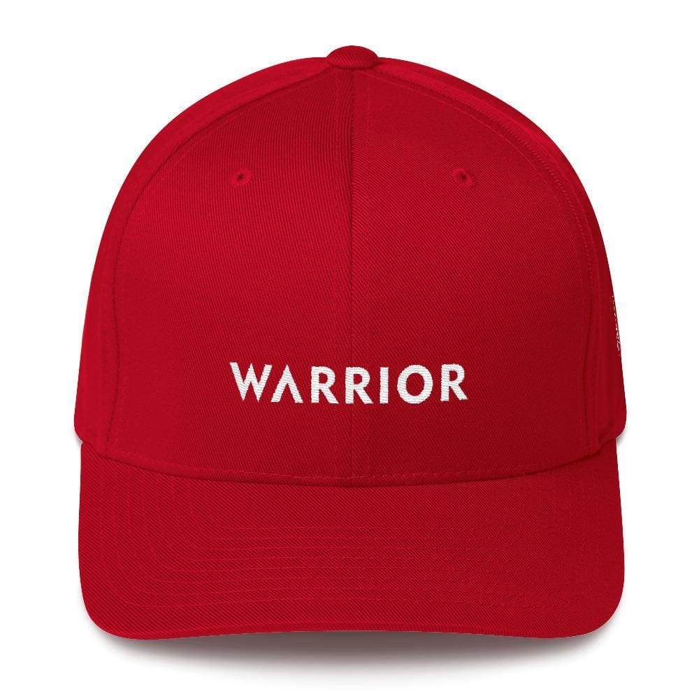 Red fitted cap with centered WARRIOR logo and curved brim