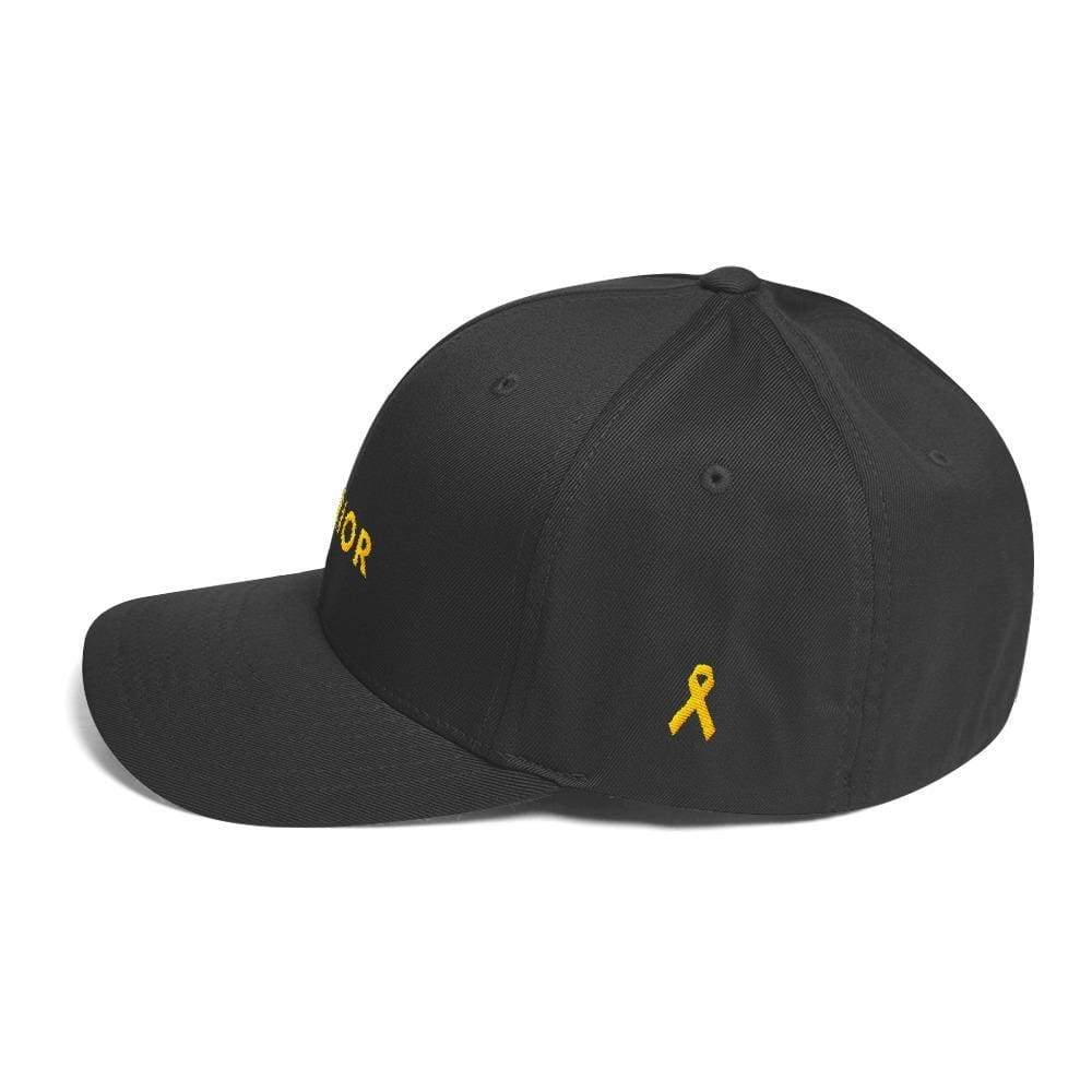Dark grey fitted twill hat with yellow ribbon icon and partial WARRIOR text