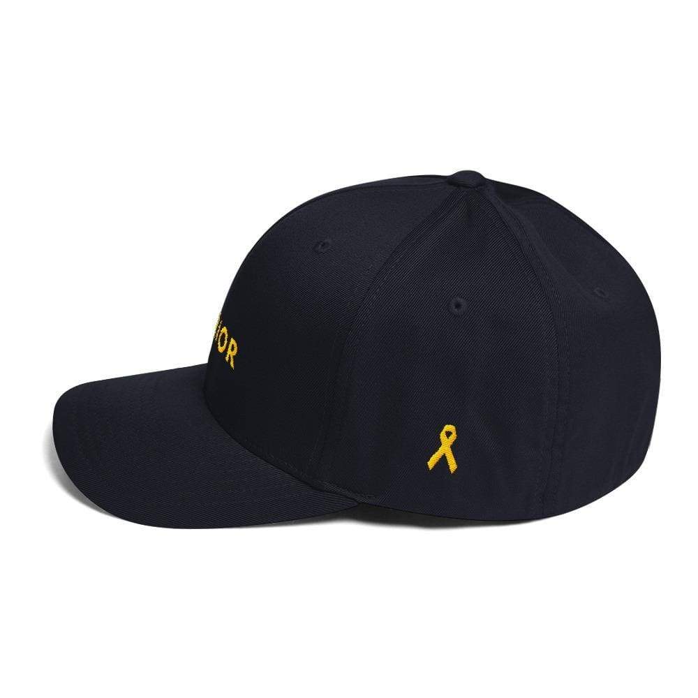 Dark navy fitted twill hat with yellow ribbon icon and partial WARRIOR text