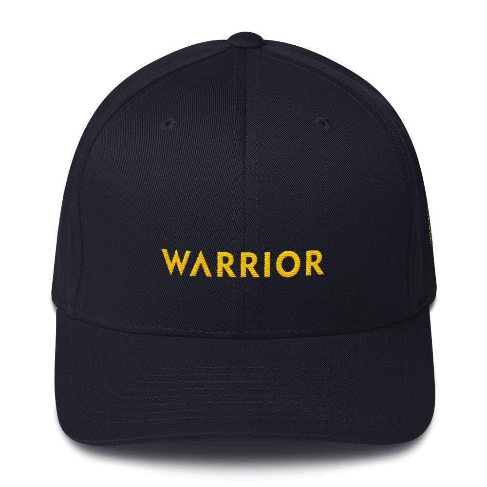 Dark navy fitted twill hat with WARRIOR logo in yellow on front