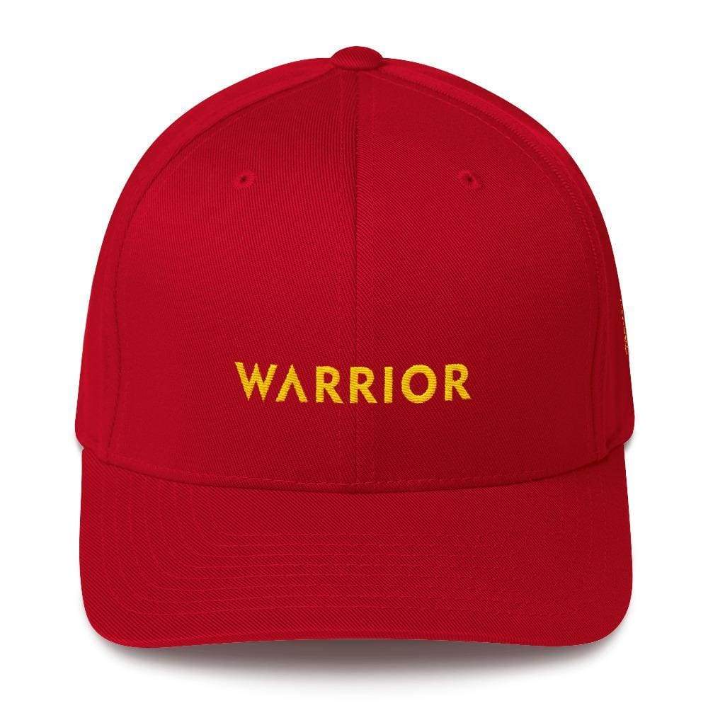 Red fitted baseball cap with gold “WARRIOR” embroidery on the front