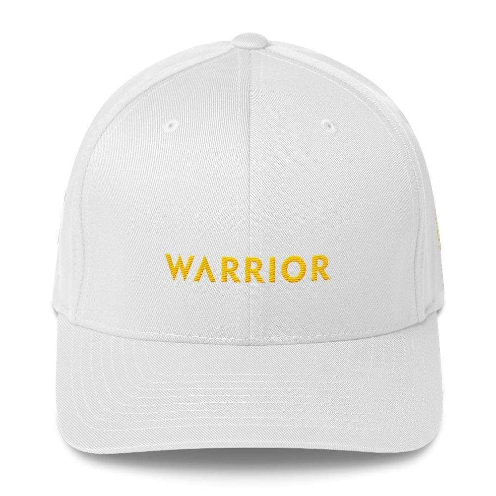 White fitted baseball cap with gold “WARRIOR” embroidery on the front