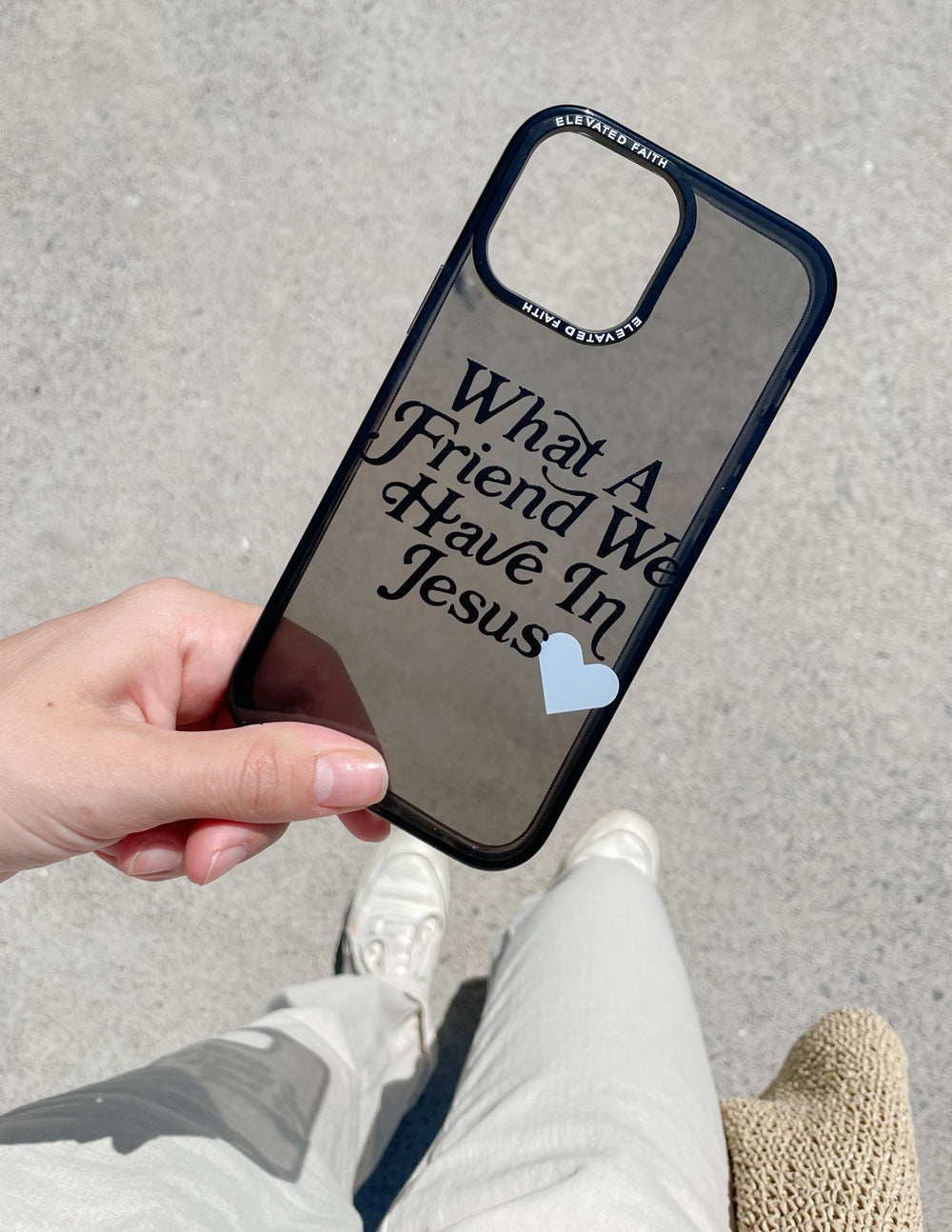 Phone case with camera cutout, 'What A Friend We Have In Jesus' text and heart