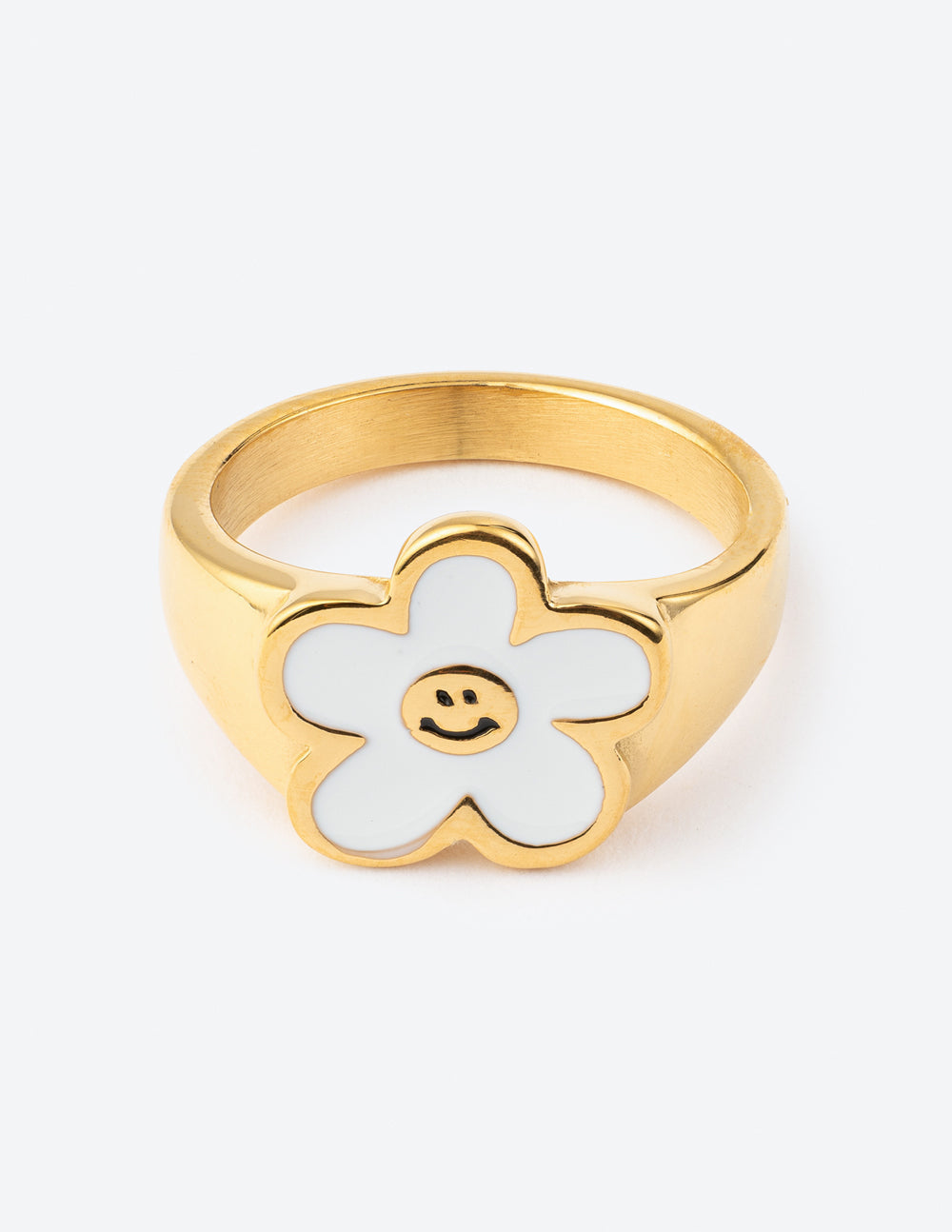 Gold smiley flower ring with white enamel petals and smiling face