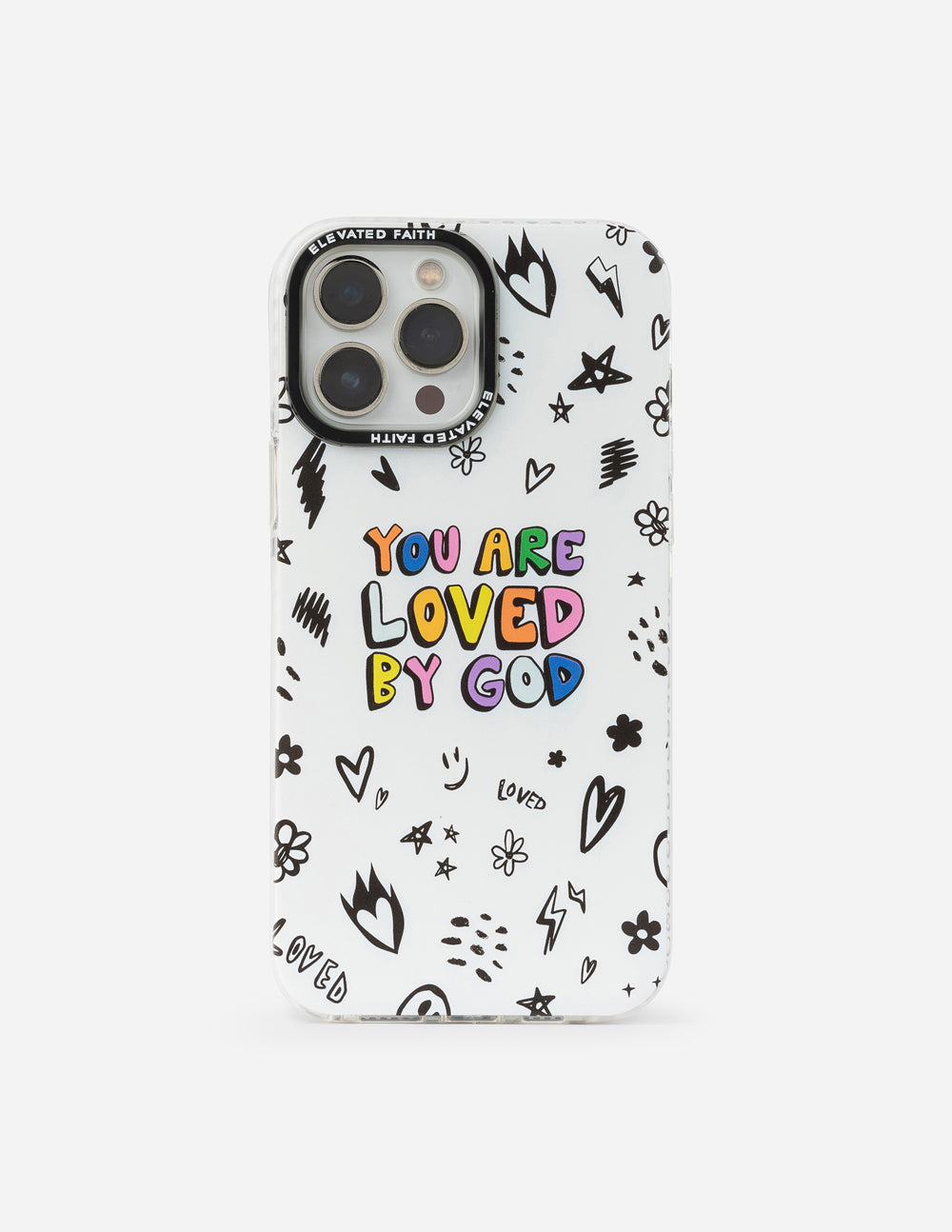 White phone case with 'You are loved by God' text, hearts and lightning icons