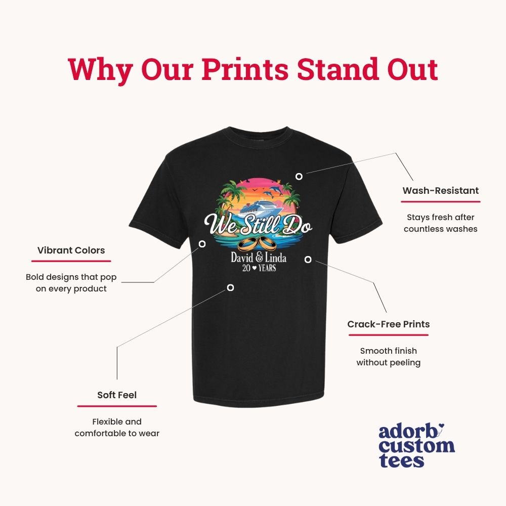 Black t-shirt mockup graphic with We Still Do print and feature callouts