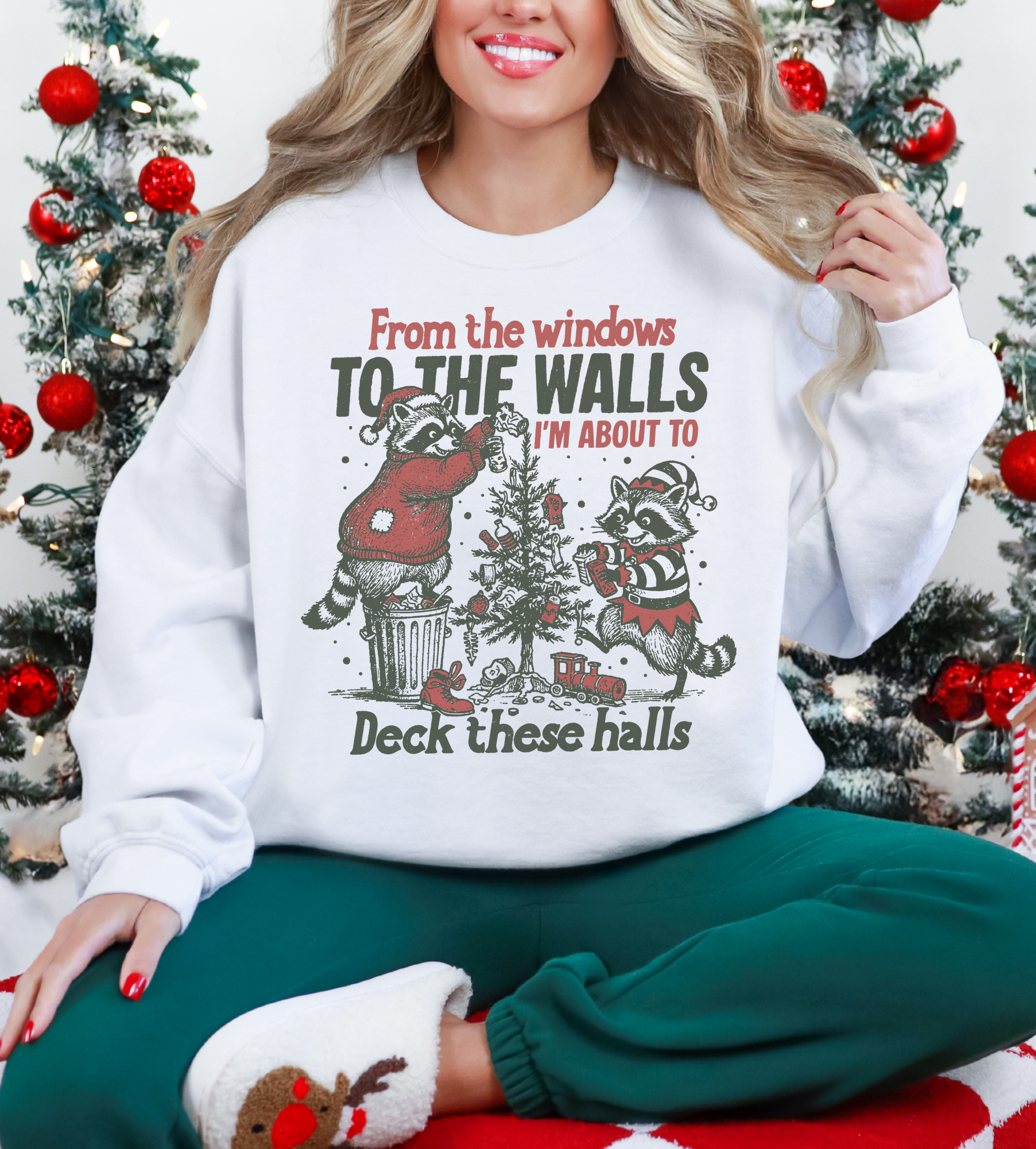White sweatshirt with front holiday mice, tree, and sign graphic