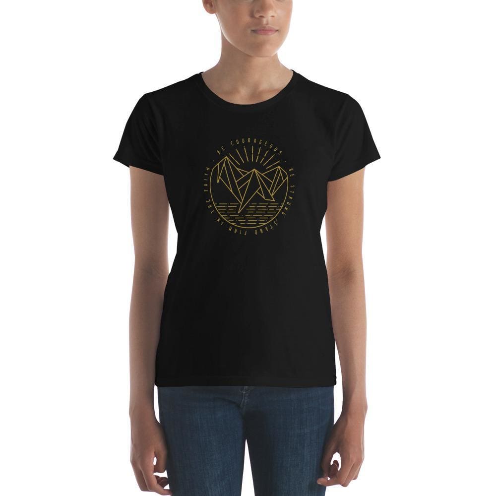 Women's Christian T-shirt, black crew neck with round faith emblem front