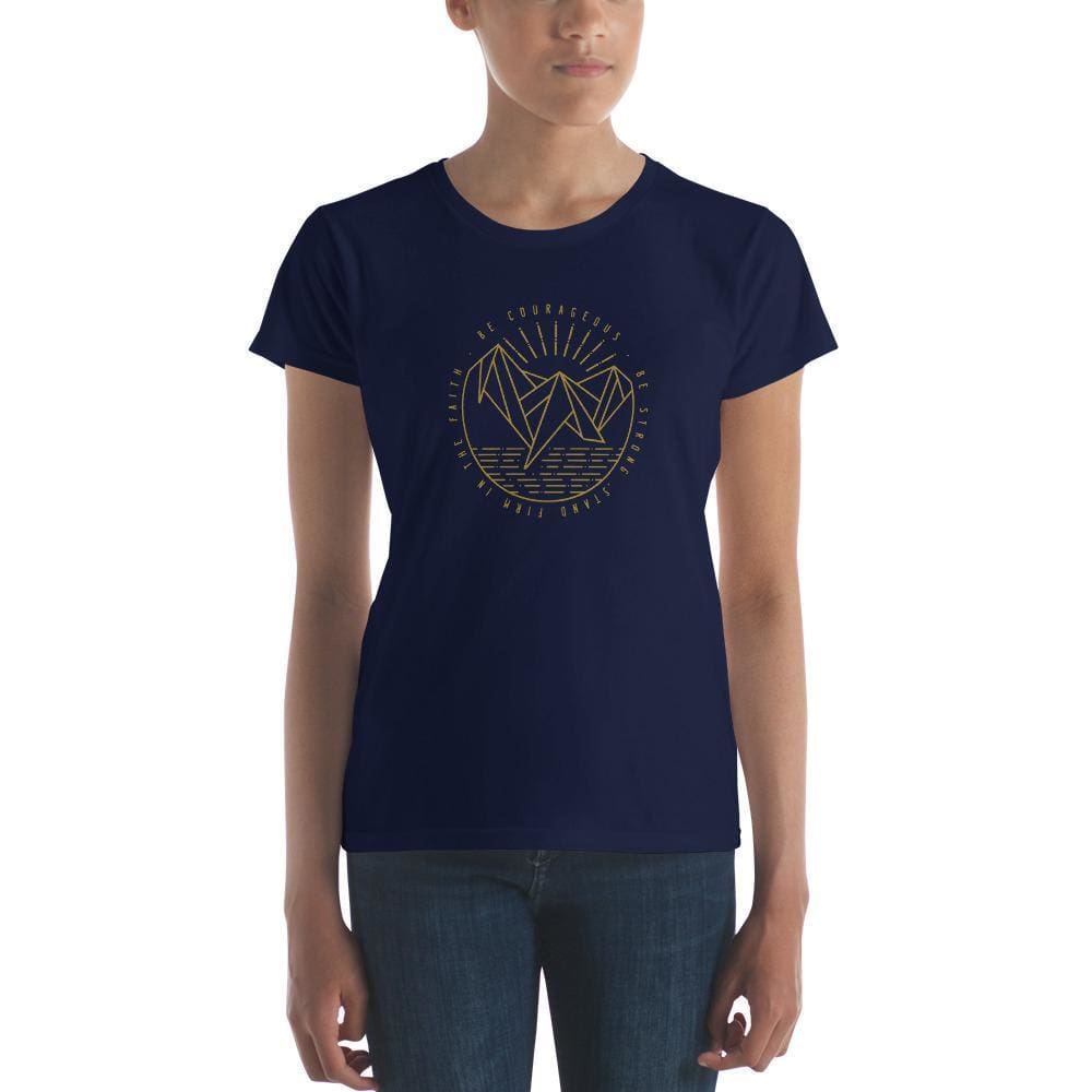 Women's Christian T-shirt, navy crew neck with round faith emblem front