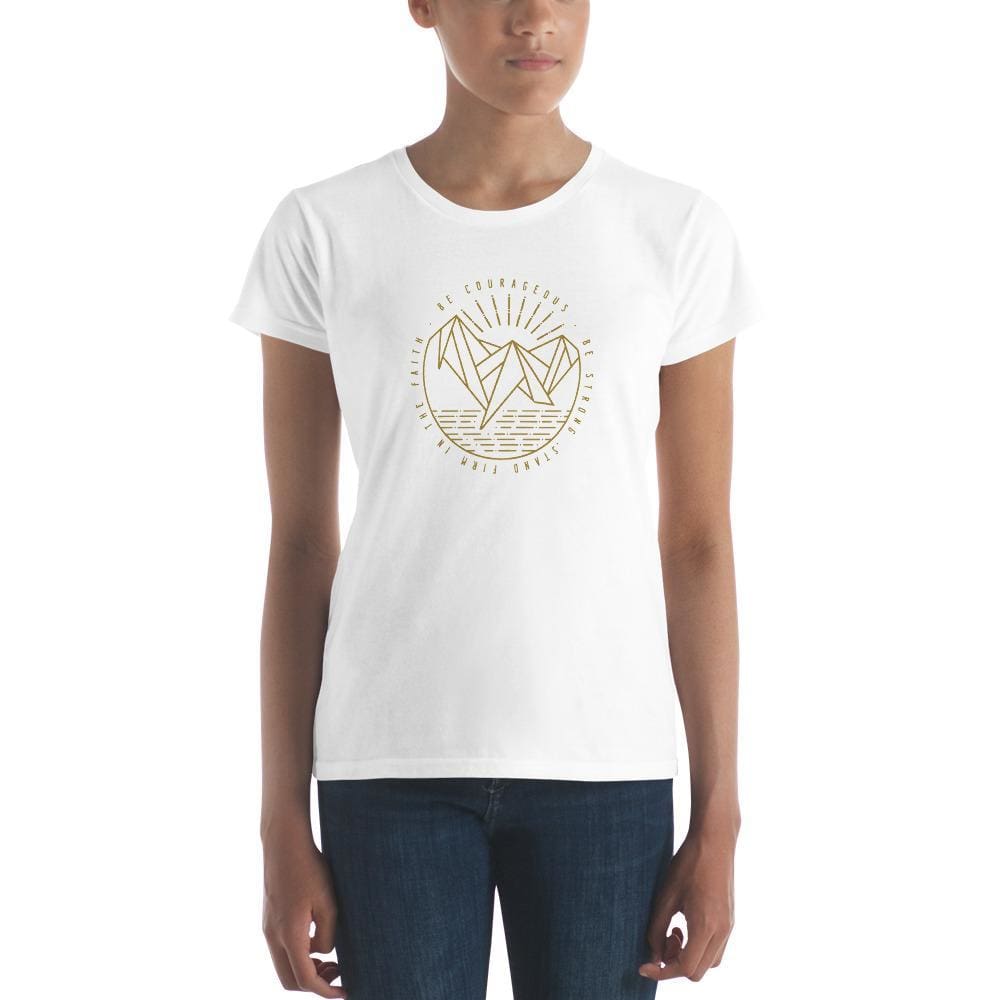 Women's Christian T-shirt, white crew neck with round faith emblem front