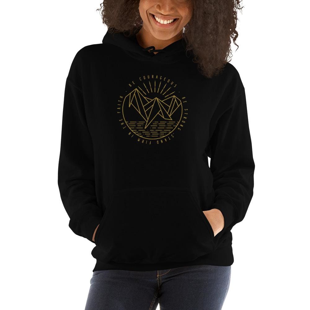 Women's black hooded sweatshirt with gold circular faith graphic and front kangaroo pocket