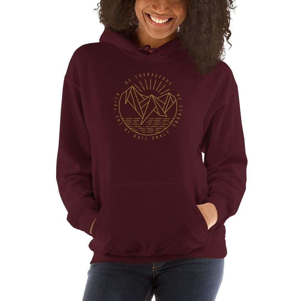 Women's maroon hooded sweatshirt with gold circular faith graphic and front kangaroo pocket