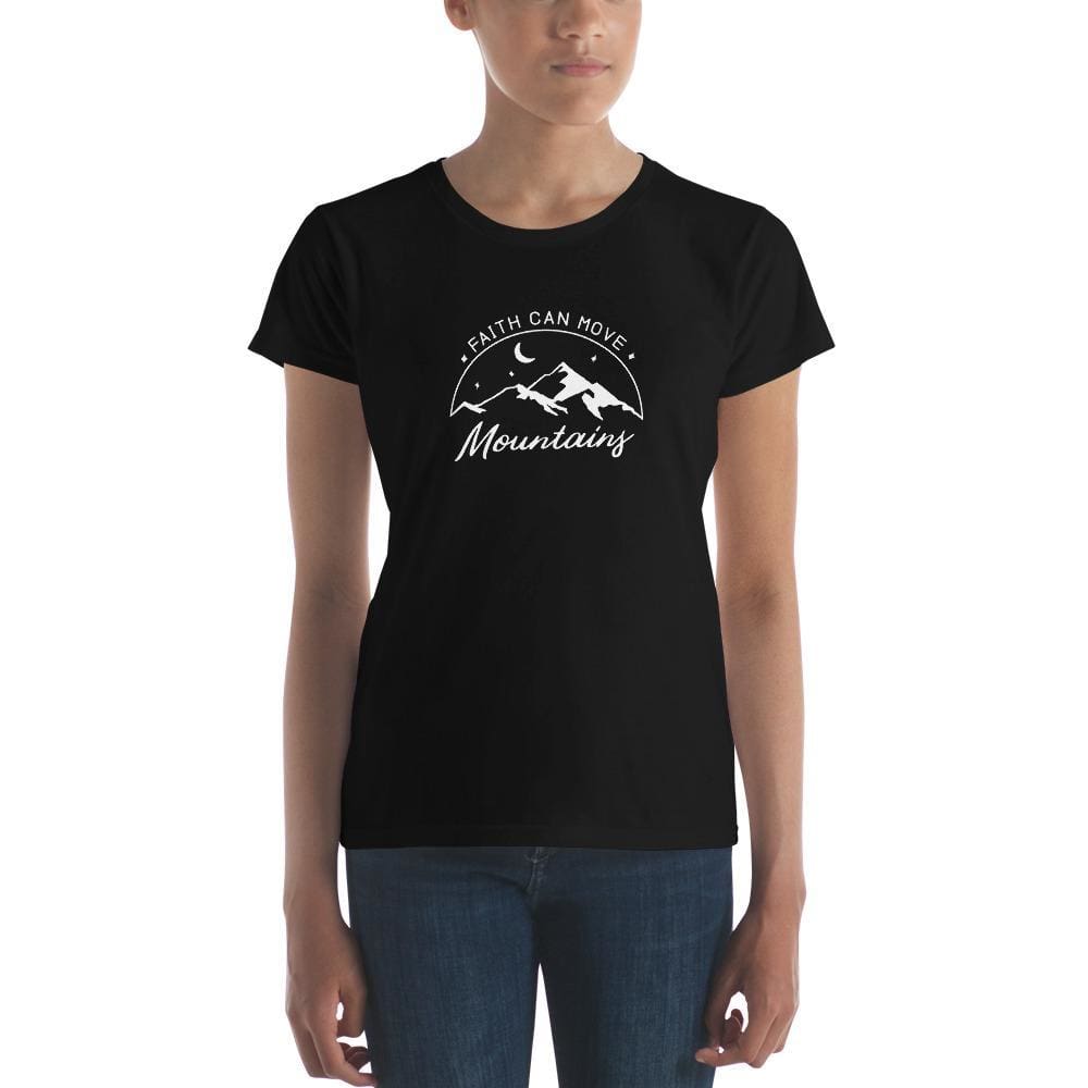 Women's Christian T-shirt, black, faith can move mountains mountain graphic