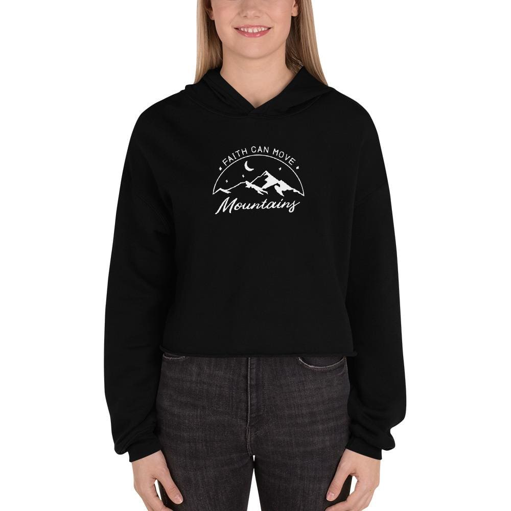 Women's crop hoodie, black, long sleeves, hood, mountain graphic print