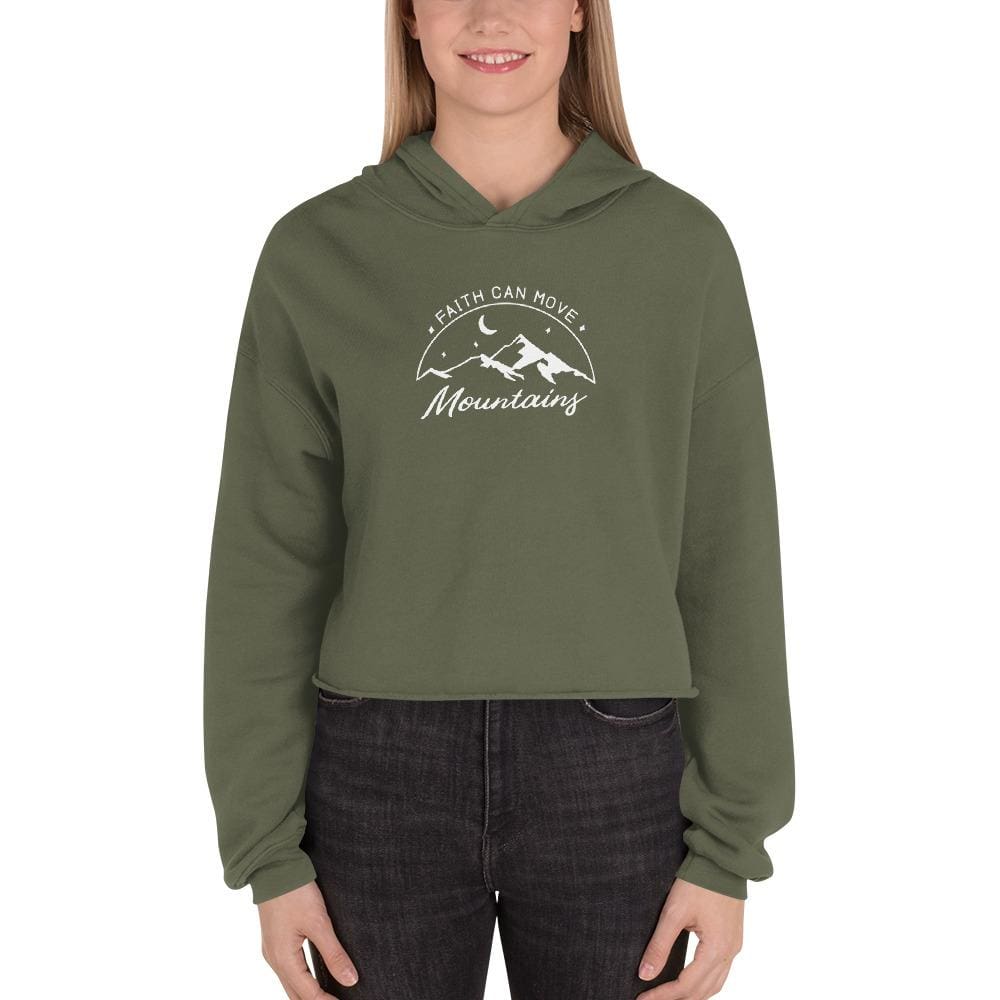 Women's crop hoodie, military green, long sleeves, hood, mountain graphic print