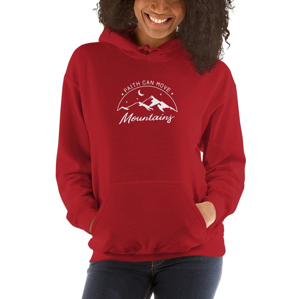 Women's faith hoodie, red pullover with hood, front pocket, mountain graphic