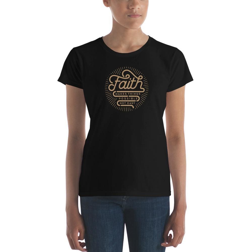 Women’s black Christian graphic T-shirt with faith emblem, short sleeves