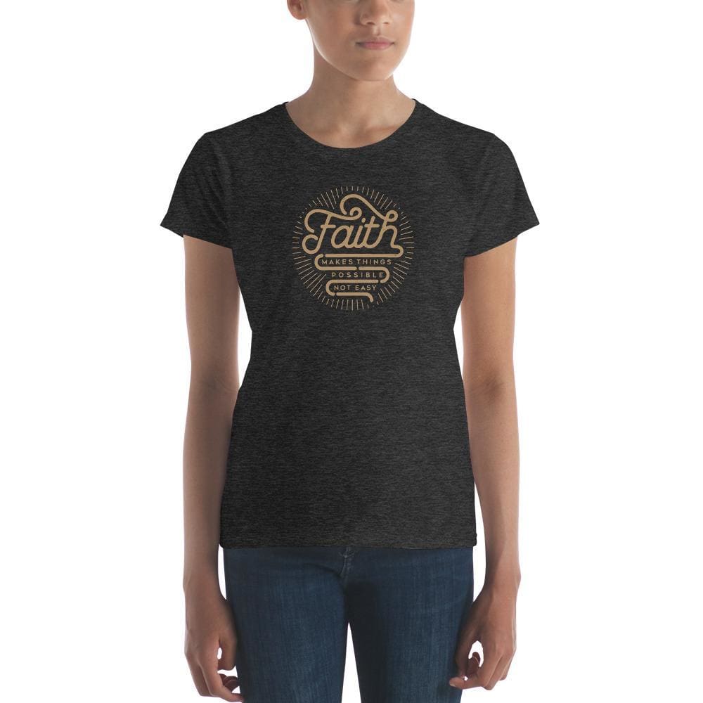 Women’s heather dark gray Christian graphic T-shirt with faith emblem, short sleeves