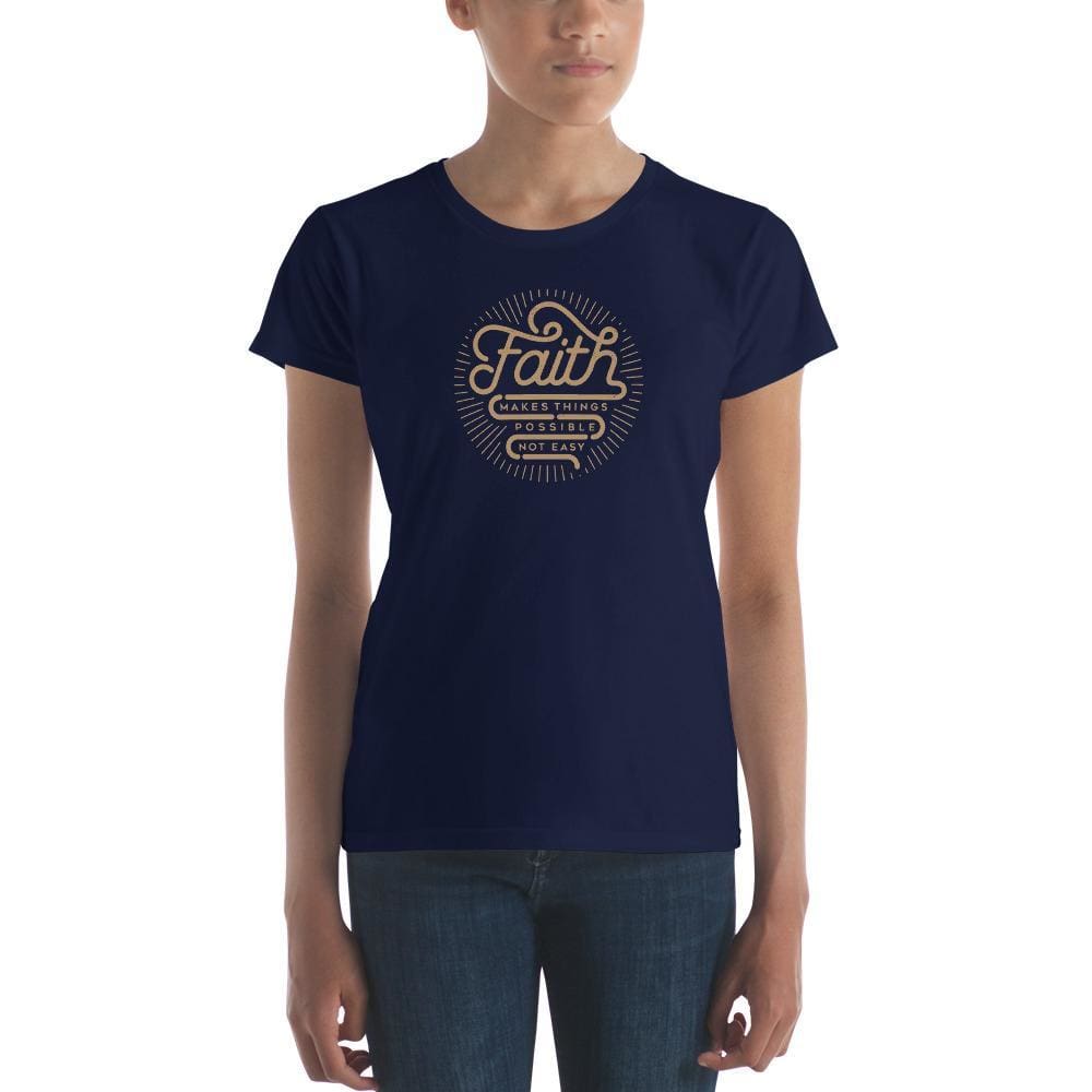 Women’s navy Christian graphic T-shirt with faith emblem, short sleeves
