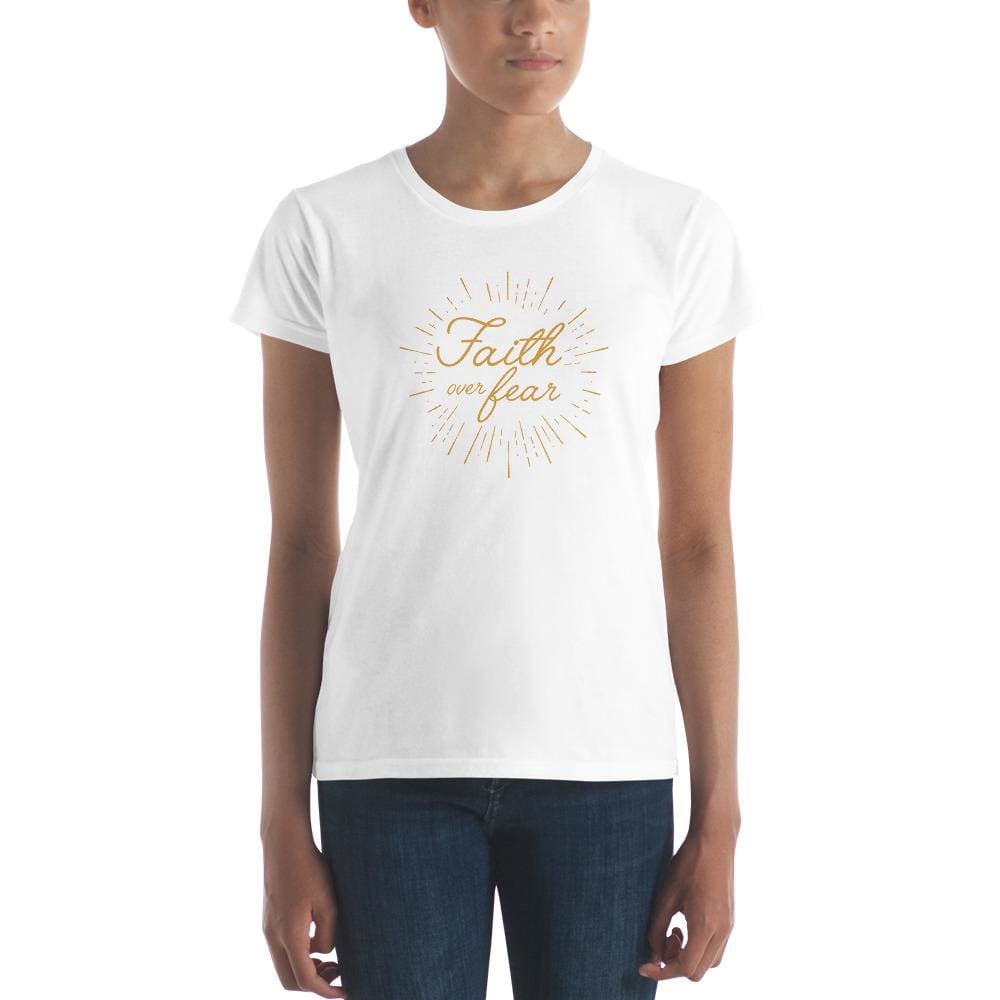 Women's Christian T-shirt, white, Faith over fear burst graphic at center