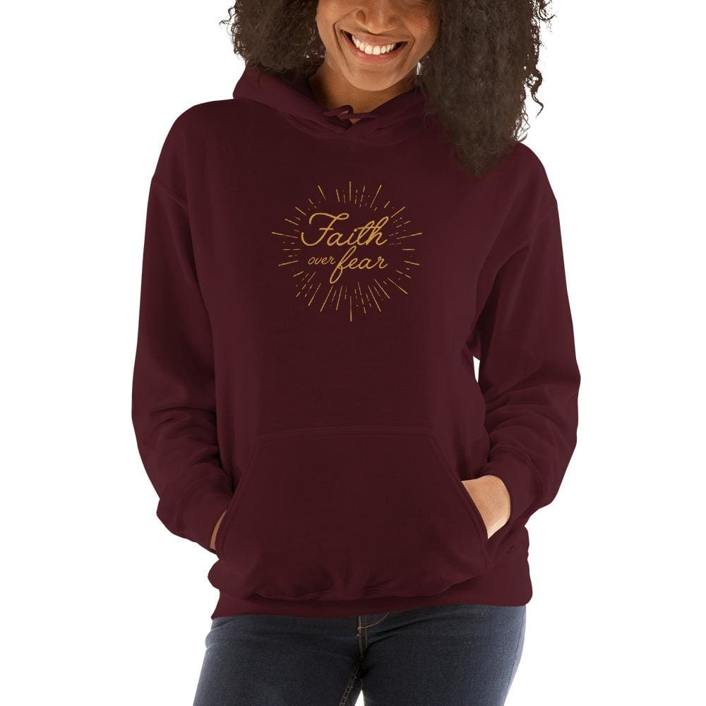 Women's Christian hoodie, maroon; hooded sweatshirt with front pocket and 'Faith over fear' print