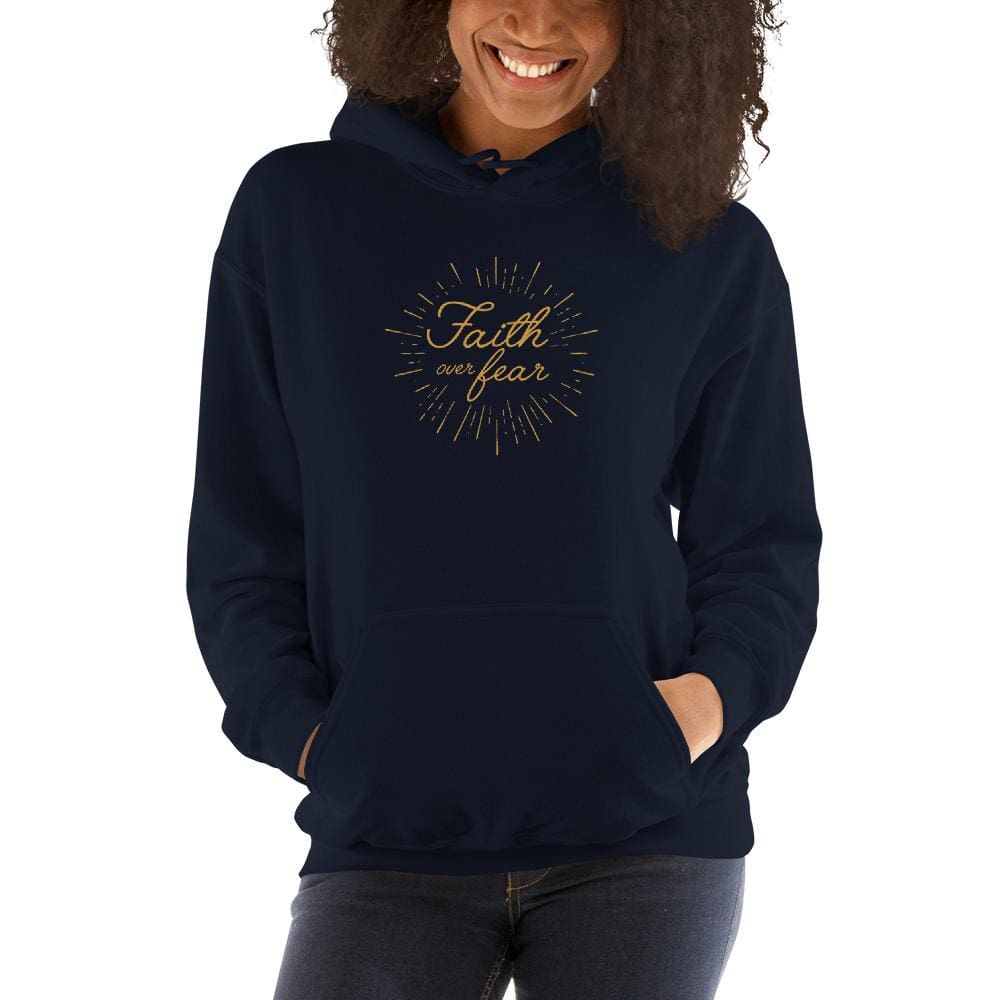 Women's Christian hoodie, navy; hooded sweatshirt with front pocket and 'Faith over fear' print