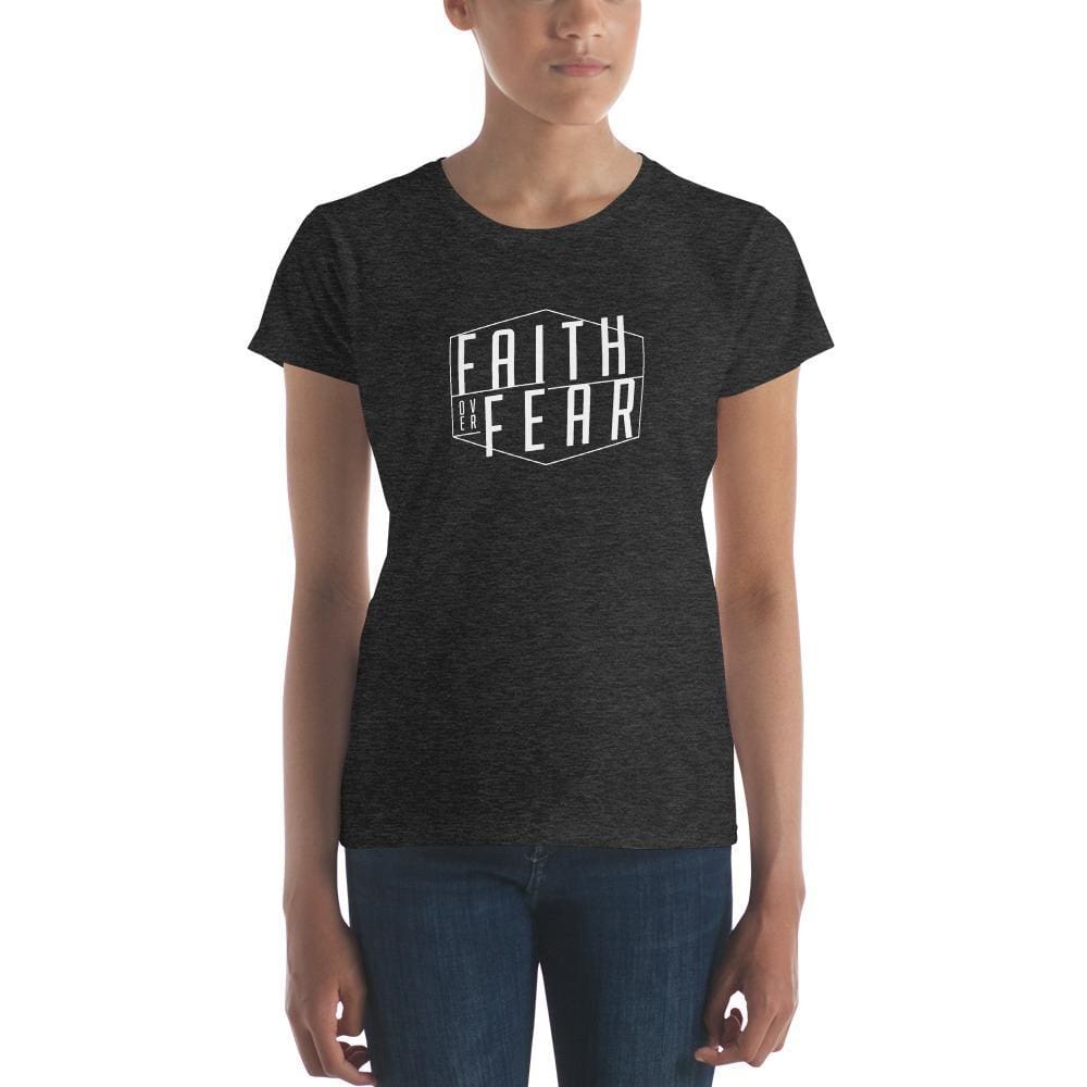 Charcoal heather women's graphic t-shirt with 'Faith Over Fear' text on the chest