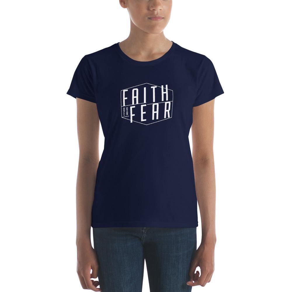 Navy women's graphic t-shirt with 'Faith Over Fear' text on the chest