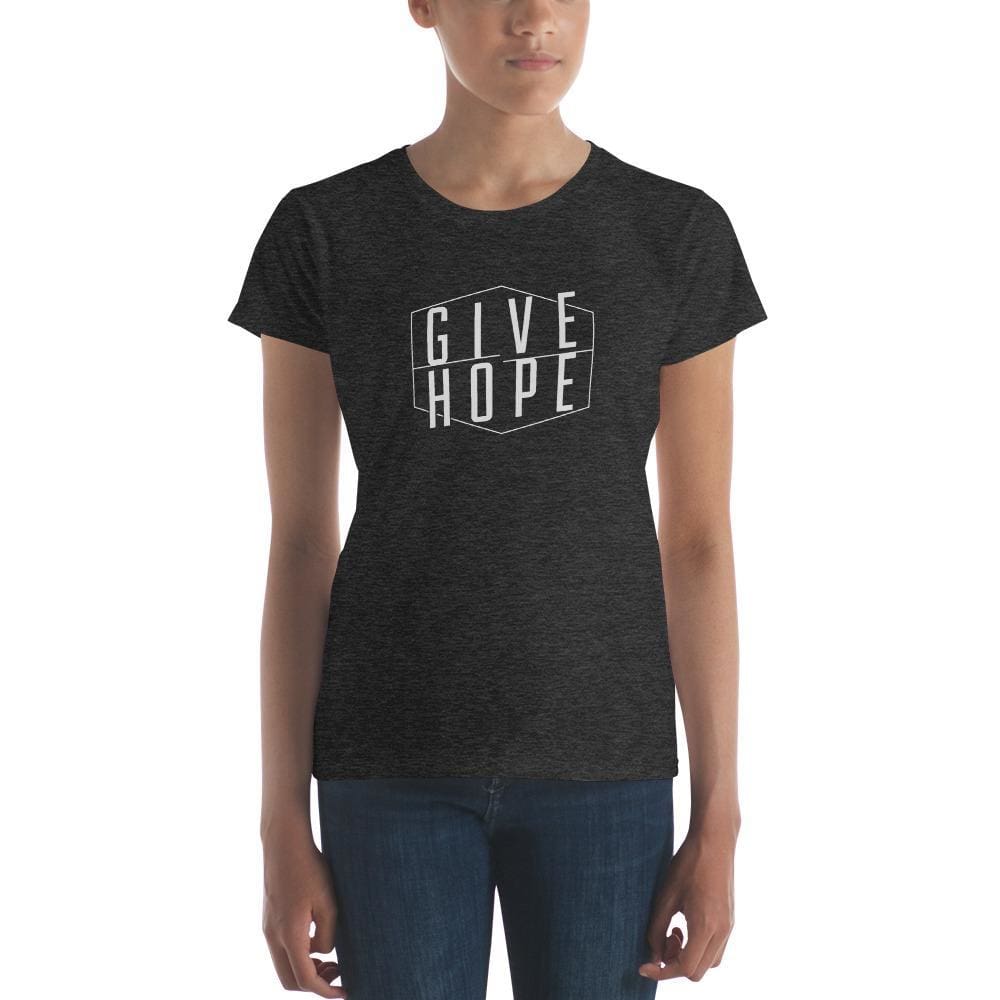 Women’s heather dark grey T-shirt with “GIVE HOPE” front graphic